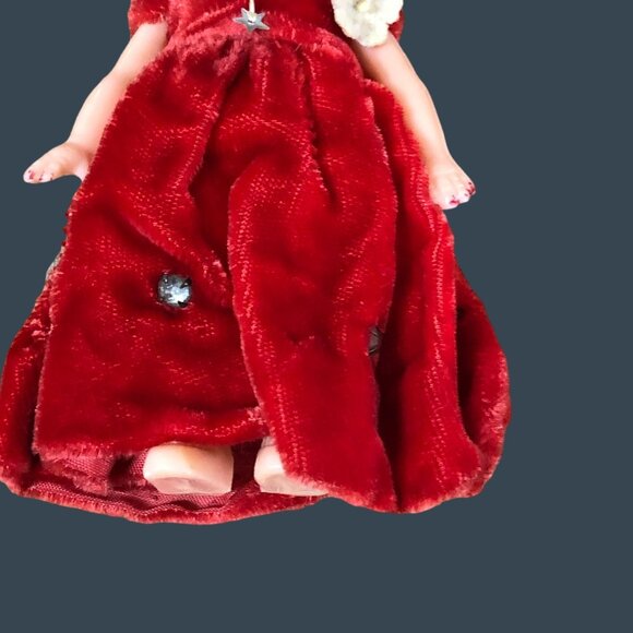 Vintage Celluloid Dolls Bride Groom Red Velvet Dress Rhinestones Cake Toppers - Picture 7 of 12